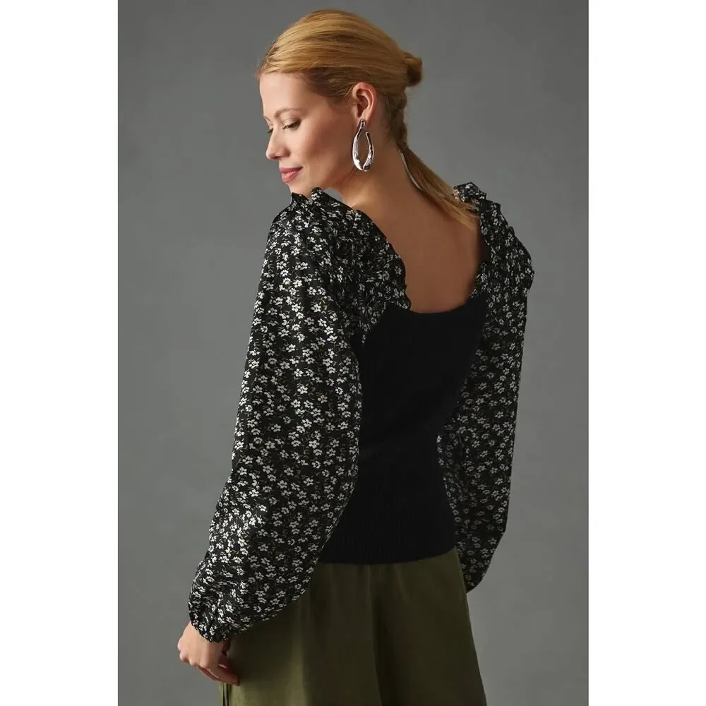 NWT By Anthropologie Woven Ruffle-Sleeve Sweater XS Black Floral Puff Sleeve